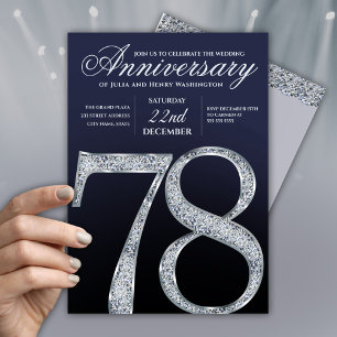 78th Anniversary Diamond Silver Navy Blue Modern Invitation