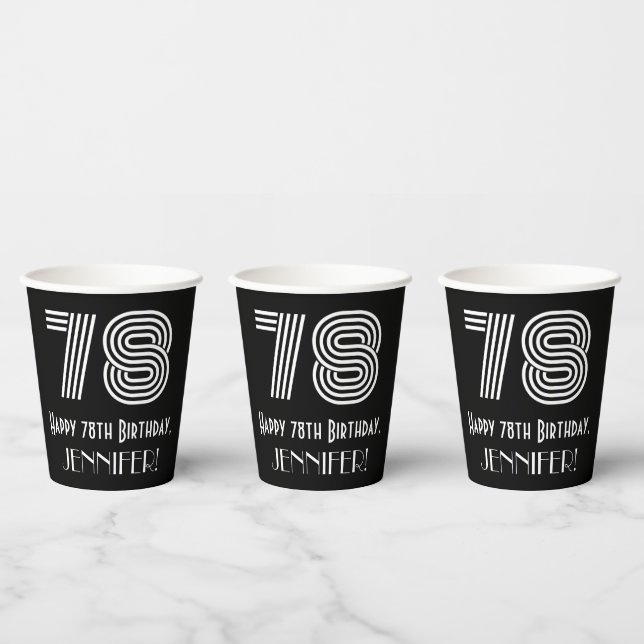 78th Birthday — Art Deco Inspired Look “78” + Name Paper Cups (Multi)