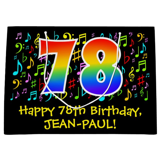 78th Birthday - Colourful Music Symbols, Rainbow 7 Large Gift Bag (Front)