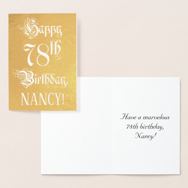 78th Birthday: Elegant, Ornate Script; Custom Name Foil Card (Display)