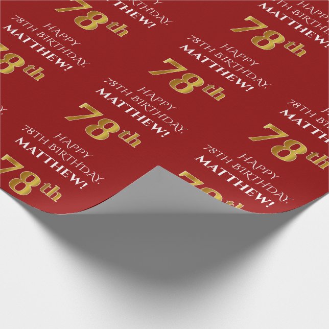 78th Birthday: Elegant, Red, Faux Gold Look Wrapping Paper (Corner)