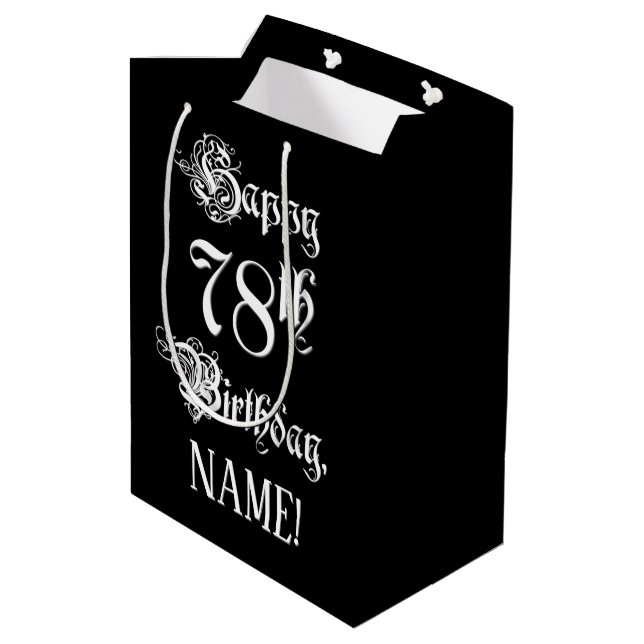 78th Birthday: Fancy, Elegant Script + Custom Name Medium Gift Bag (Back Angled)