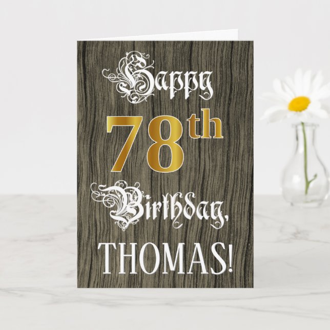 78th Birthday: Faux Gold Look + Faux Wood Pattern Card (Small Plant)