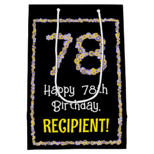 78th Birthday: Floral Flowers Number, Custom Name Medium Gift Bag