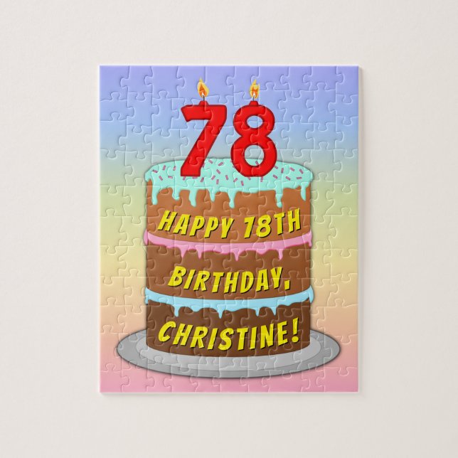 78th Birthday: Fun Cake and Candles + Custom Name Jigsaw Puzzle (Vertical)