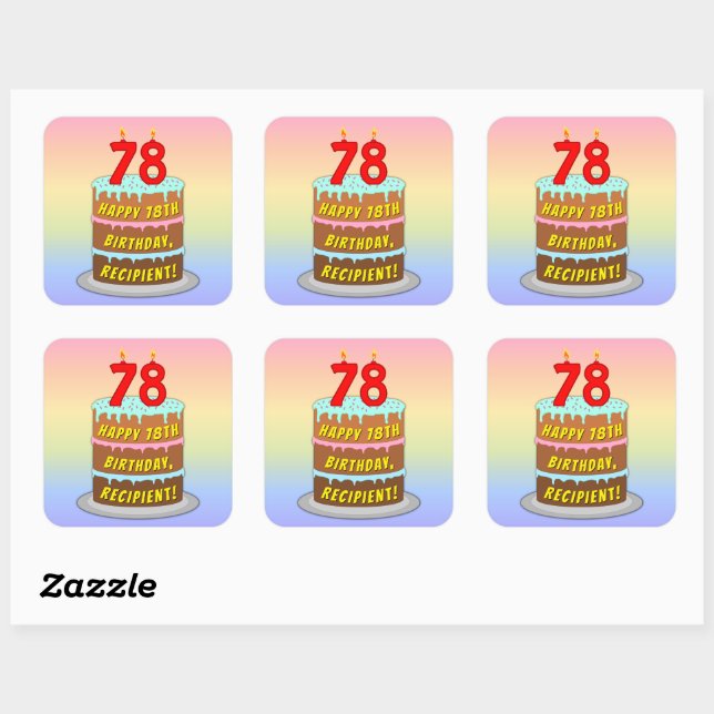 78th Birthday: Fun Cake and Candles + Custom Name Square Sticker (Sheet)