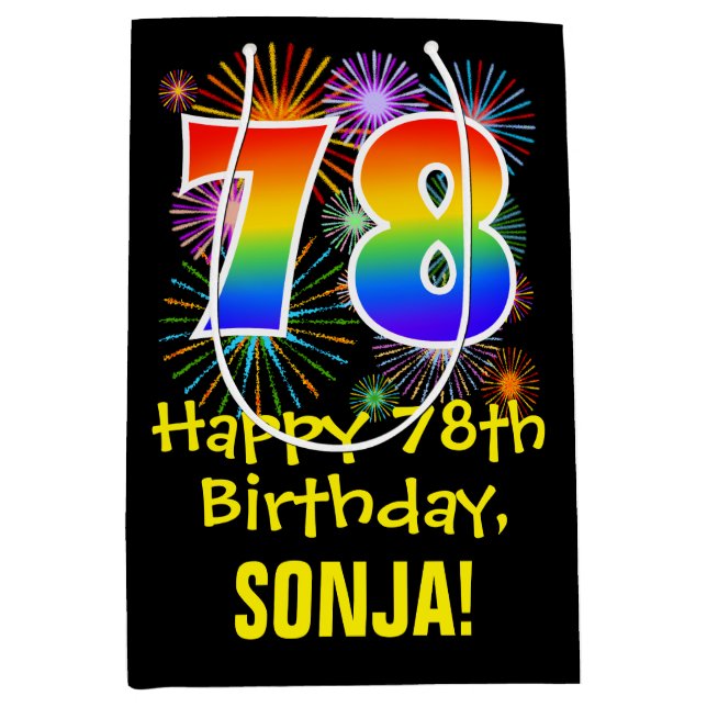 78th Birthday: Fun Fireworks Pattern + Rainbow 78 Medium Gift Bag (Front)