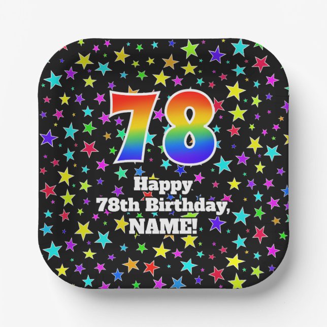 78th Birthday: Fun Stars Pattern and Rainbow “78” Paper Plate (Front)