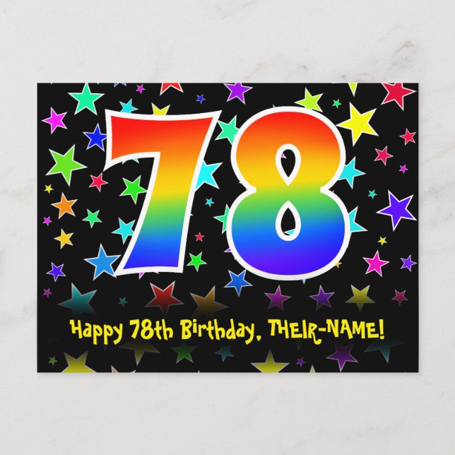 78th Birthday: Fun Stars Pattern, Rainbow 78, Name Postcard (Front)
