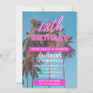78th birthday invitation Summer Pink Palm tree