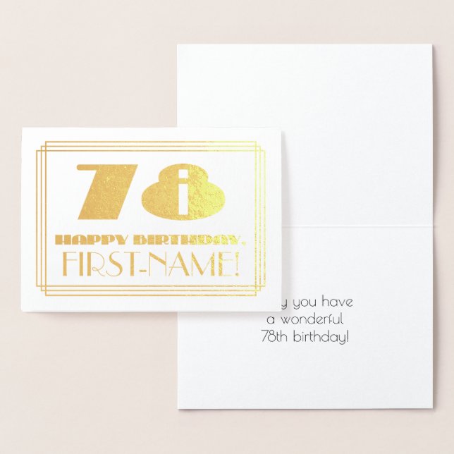 78th Birthday; Name + Art Deco Inspired Look "78" Foil Card (Display)