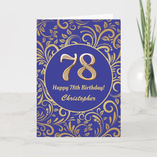 78th Birthday Navy Blue and Gold Floral Pattern Card (Front)