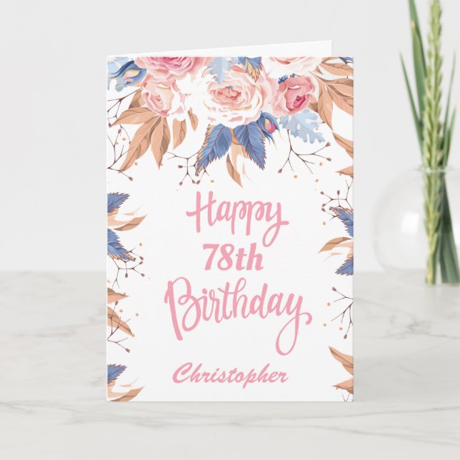78th Birthday Watercolor Botanical Pink Floral Card (Front)