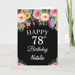 78th Birthday Watercolor Floral Flowers Black Card