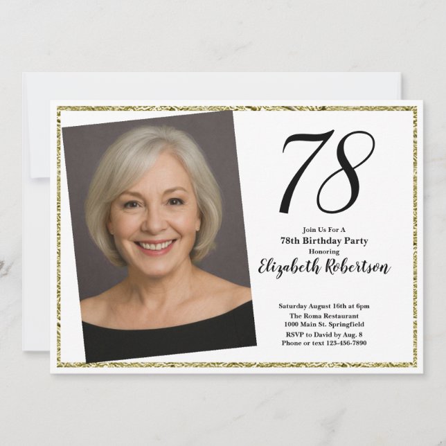 78th Custom Photo White and Gold  Invitation (Front)