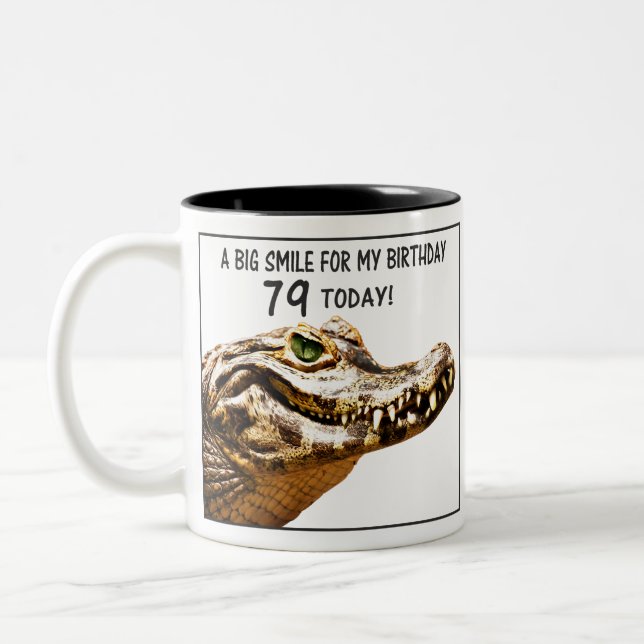 79th Birthday Alligator Smile Two-Tone Coffee Mug (Left)