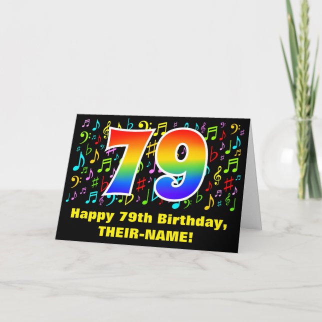 79th Birthday: Colourful Music Symbols & Rainbow 7 Card (Front)