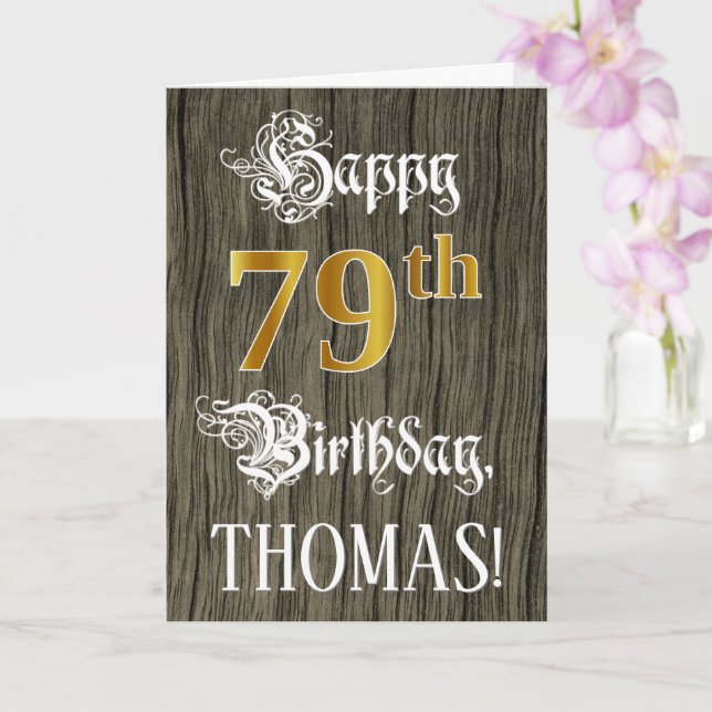 79th Birthday: Faux Gold Look + Faux Wood Pattern Card (Orchid)