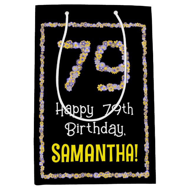 79th Birthday: Floral Flowers Number, Custom Name Medium Gift Bag (Front)