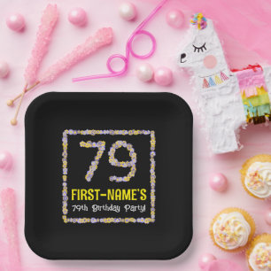 79th Birthday: Floral Flowers Number, Custom Name Paper Plate