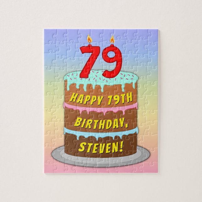 79th Birthday: Fun Cake and Candles + Custom Name Jigsaw Puzzle (Vertical)