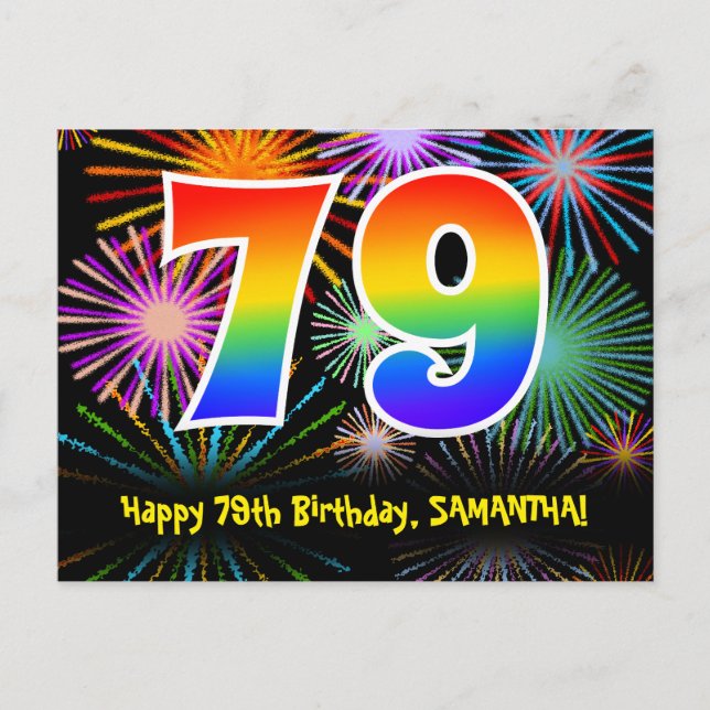 79th Birthday – Fun Fireworks Pattern + Rainbow 79 Postcard (Front)