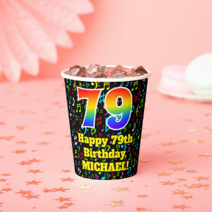 79th Birthday: Fun Music Notes Pattern, Rainbow 79 Paper Cups