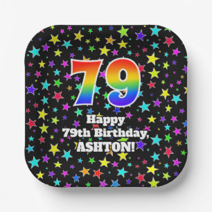 79th Birthday: Fun Stars Pattern and Rainbow “79” Paper Plate
