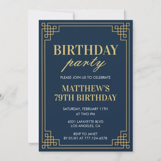 79th birthday invitations Birthday party boy navy (Front)