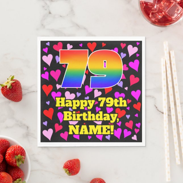 79th Birthday: Loving Hearts Pattern, Rainbow # 79 Napkin (Insitu)