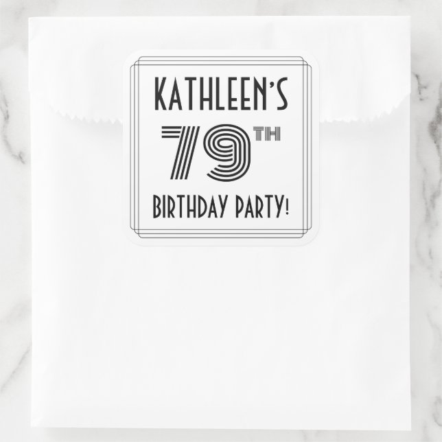 79th Birthday Party: Art Deco Style + Custom Name Square Sticker (Bag)