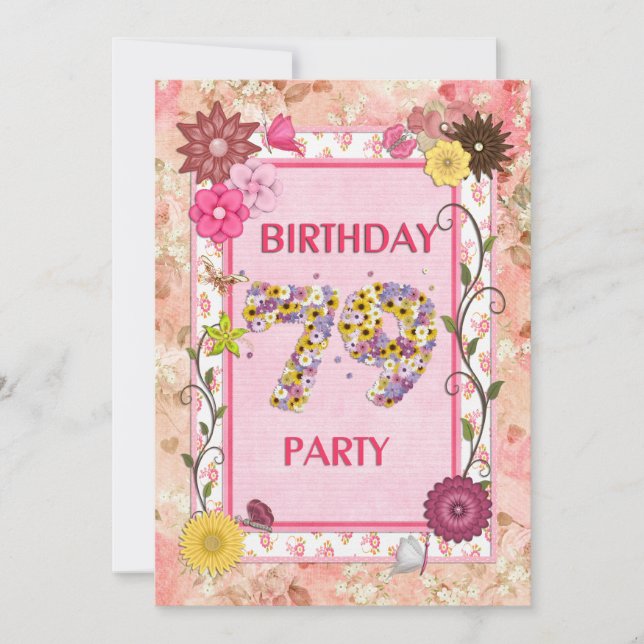 79th birthday party invitation with floral frame (Front)