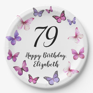 79th Birthday Pink Purple Butterflies Paper Plate