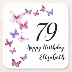 79th Birthday Pink Purple Butterflies Square Paper Coaster
