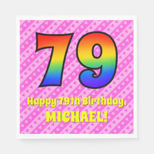 79th Birthday: Pink Stripes & Hearts, Rainbow # 79 Napkin
