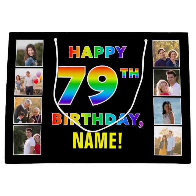 79th Birthday: Rainbow Text, Custom Photos & Name Large Gift Bag (Front)