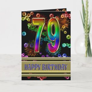 79th Birthday with rainbow bubbles and fireworks Card