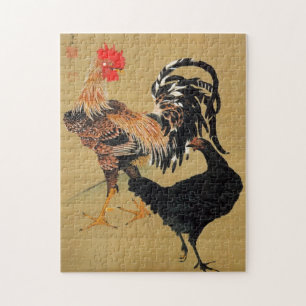 7. 大鶏雌雄図, 若冲 Couple of Chickens, Jakuchū Jigsaw Puzzle
