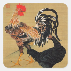 7. 大鶏雌雄図, 若冲 Couple of Chickens, Jakuchū Square Sticker