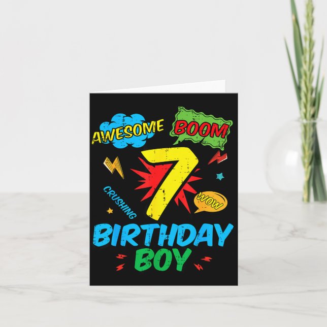 7 Birthday Boy Comic Cool 7th Bday Superhero Party Card (Front)