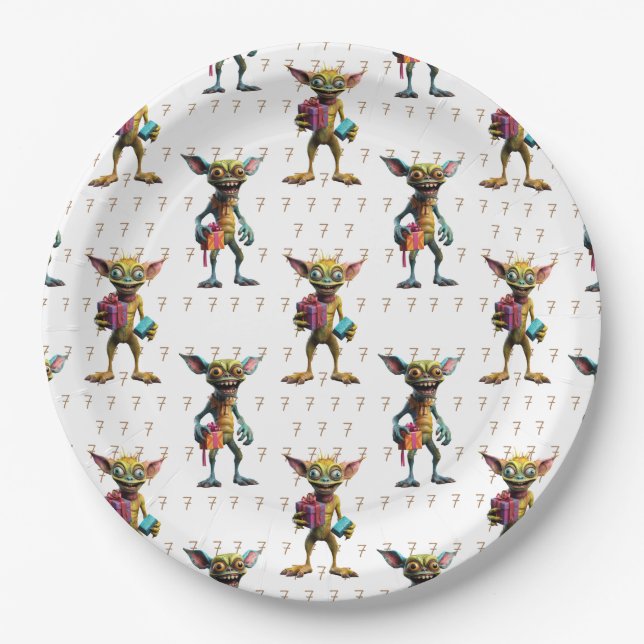 7 Birthday Monster Gremlin Paper Plate (Front)