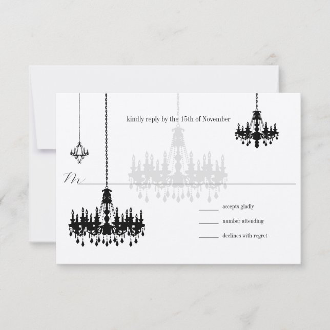 7 Black Chandeliers Wedding RSVP Cards (Front)