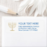 7 Candle Menorah White Blue & Gold Return Address<br><div class="desc">Add the perfect finishing touch to cards, invitations, and other correspondence with these elegant white, gold, and blue return address labels. The gold is non-metallic printed colour, not foil. All text can easily be customised with any greeting, name, and address. Design features a simple seven candle menorah with lit candles...</div>