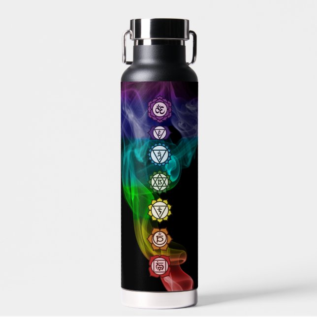7 Chakra mantra rainbow smoke bold black yoga Water Bottle (Front)