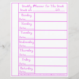 7 Day Pink Lilac Fabric Font Weekly Planner Paper