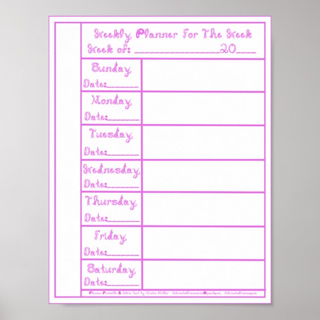 7 Day Pink Lilac Fabric Font Weekly Planner Print  (Front)