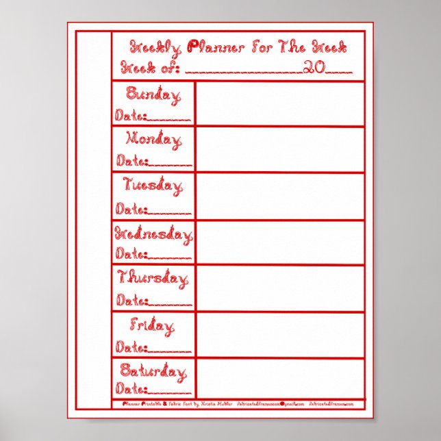 7 Day Red Fabric Font Weekly Planner Print Poster (Front)
