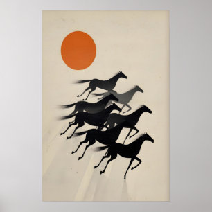 7 Horses Wall Art Minimalist Black Silhouettes