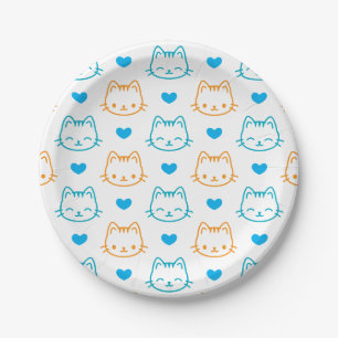7 inch Turquoise Orange Cat Face pattern Round Paper Plate