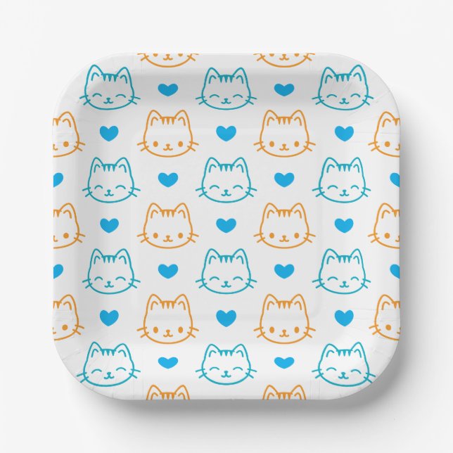 7 inch Turquoise Orange Cat Face pattern Square Paper Plate (Front)
